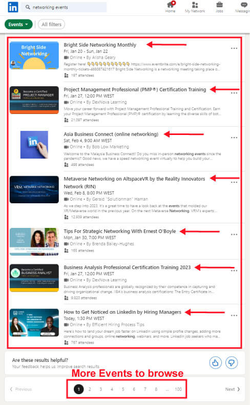 Browsing events on LinkedIn
