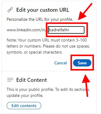 steps you need to take in order to edit your LinkedIn public profile URL - Step - 5 and 6